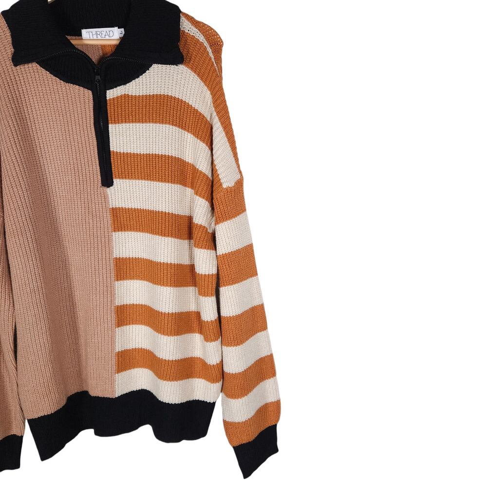 Thread Virginia Polo Sweater Large Orange Black Stripe Colorblock Partial Zip - Picture 2 of 14
